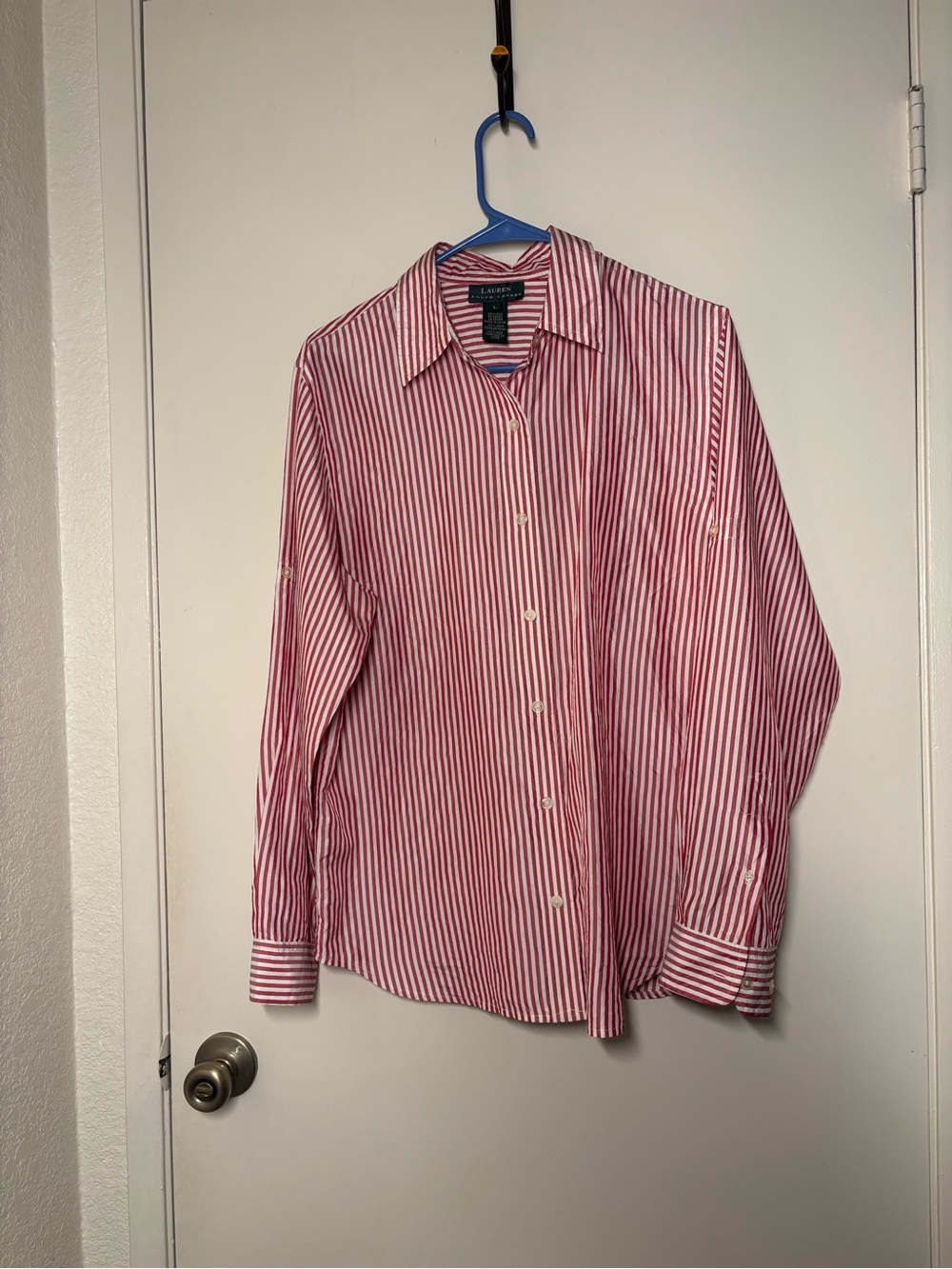 Lauren Ralph Lauren 100% Silk Red White Striped Button Down Shirt Size L